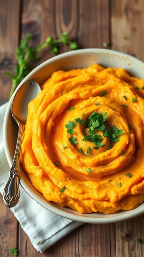 Creamy mashed sweet potatoes garnished with fresh herbs in a rustic bowl on a wooden table.